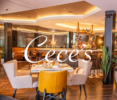 Cece's Roland Park dining and bar area photo with text logo superimposed.